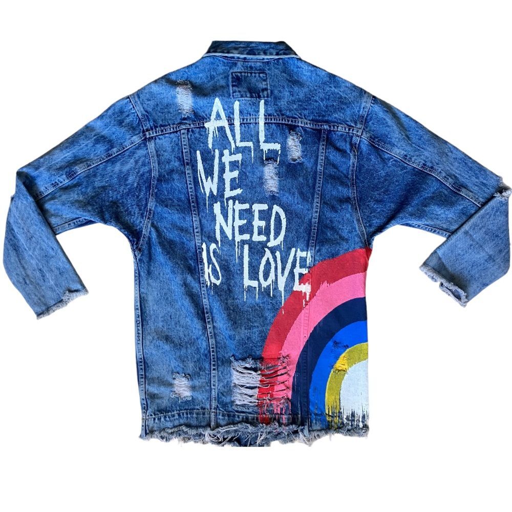 American Bazi Blue Denim Jean Jacket with Multicolor Rainbow Graphic